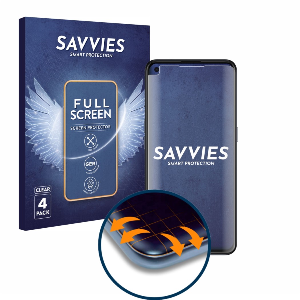 Vorderseite einer Produktverpackung mit dem Markenlogo Savvies. Daneben ist das Gerät Oppo Find X3 Lite mit dem zugehörigen Di