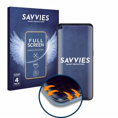 Vorderseite einer Produktverpackung mit dem Markenlogo Savvies. Daneben ist das Gerät Oppo Find X3 Lite mit dem zugehörigen Di