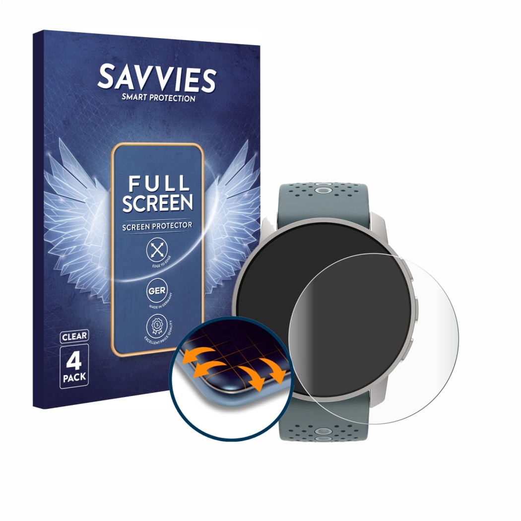 Front side of a product packaging with the brand logo Savvies. Next to it is the device Suunto 9 Peak shown with the correspon