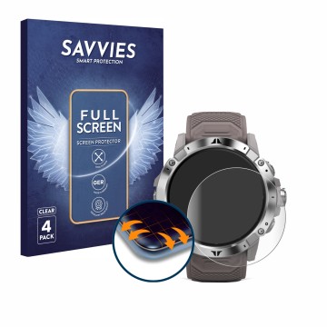 Face avant d’un emballage produit avec le logo de la marque Savvies. À côté, l’appareil Coros Vertix 2 est représenté avec la 