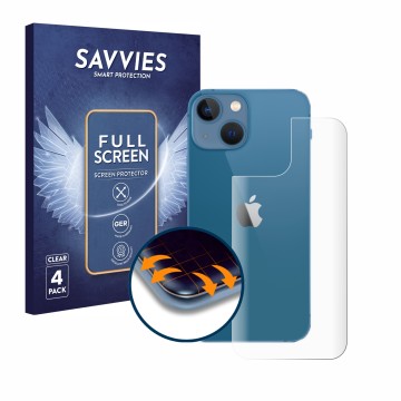 Vorderseite einer Produktverpackung mit dem Markenlogo Savvies. Daneben ist das Gerät Apple iPhone 13 mini (Rückseite) mit dem