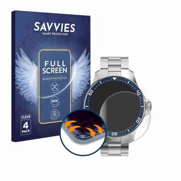 Front side of a product packaging with the brand logo Savvies. Next to it is the device Withings ScanWatch Horizon (43 mm) sho