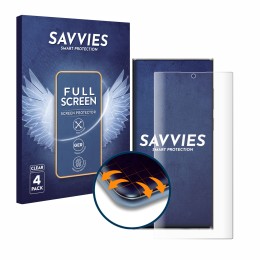 Face avant d’un emballage produit avec le logo de la marque Savvies. À côté, l’appareil Samsung Galaxy S22 Ultra 5G est représ