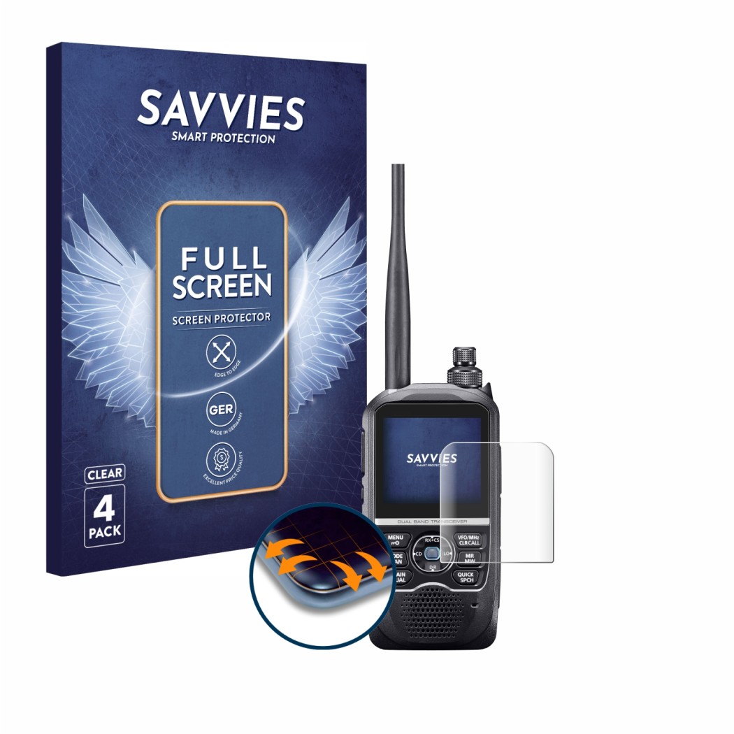 Parte frontal de un envase de producto con el logotipo de la marca Savvies. Al lado se muestra el dispositivo Icom ID-52E con 
