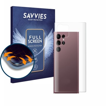 Face avant d’un emballage produit avec le logo de la marque Savvies. À côté, l’appareil Samsung Galaxy S22 Ultra 5G (Arrière) 