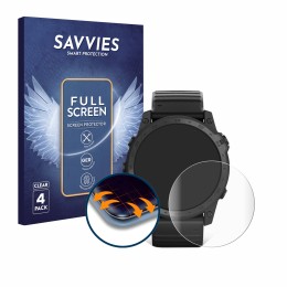 Front side of a product packaging with the brand logo Savvies. Next to it is the device Garmin Tactix 7 Pro Ballistics shown w