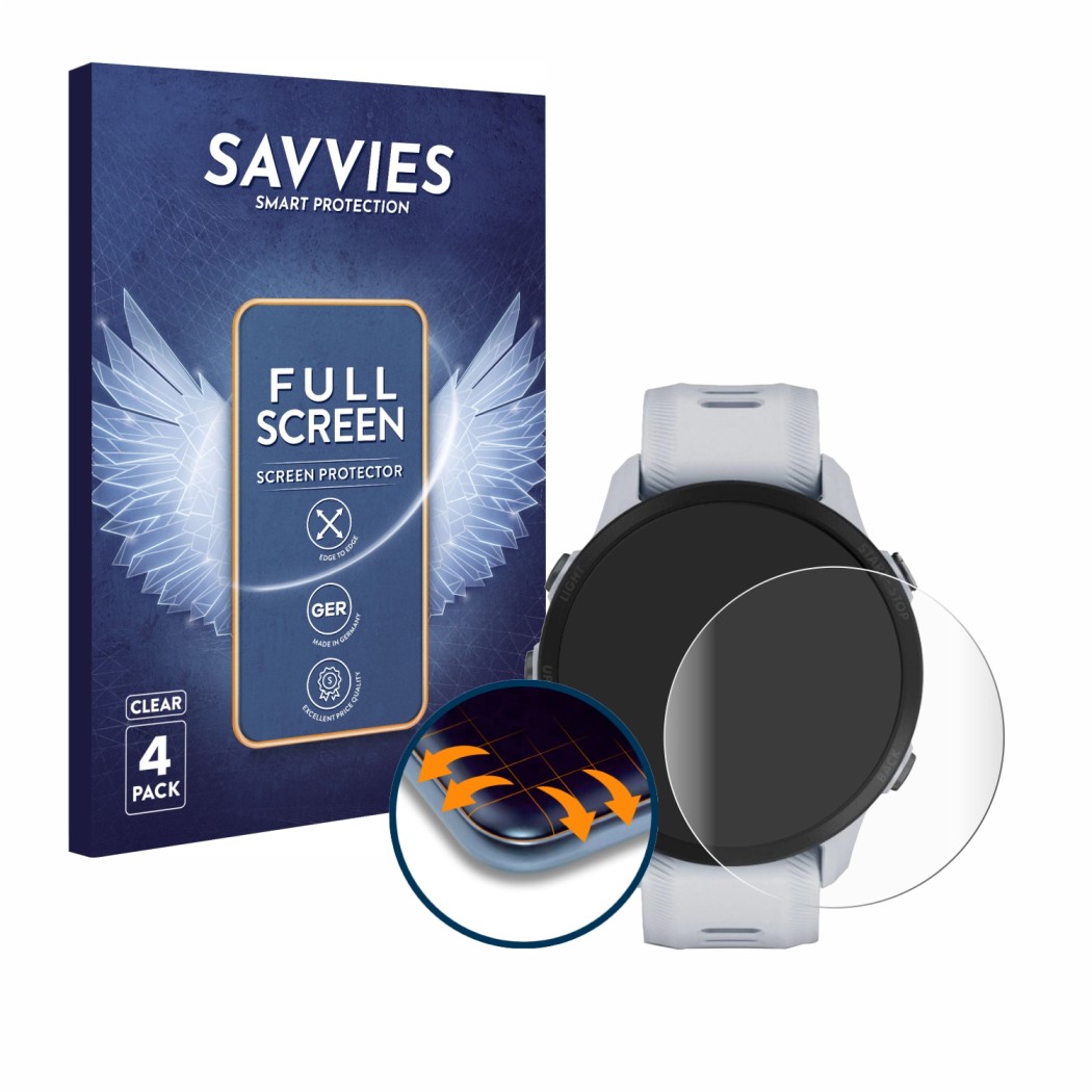 Front side of a product packaging with the brand logo Savvies. Next to it is the device Garmin Forerunner 955 Solar shown with