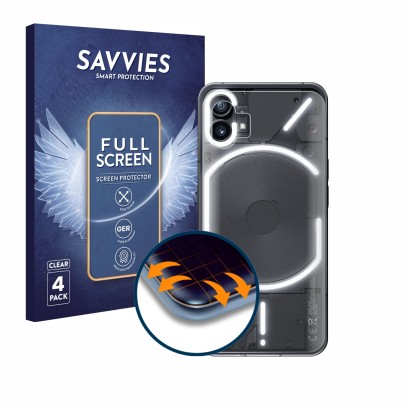 Front side of a product packaging with the brand logo Savvies. Next to it is the device Nothing Phone (1) (Back) shown with th