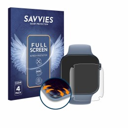Parte frontal de un envase de producto con el logotipo de la marca Savvies. Al lado se muestra el dispositivo Apple Watch Seri