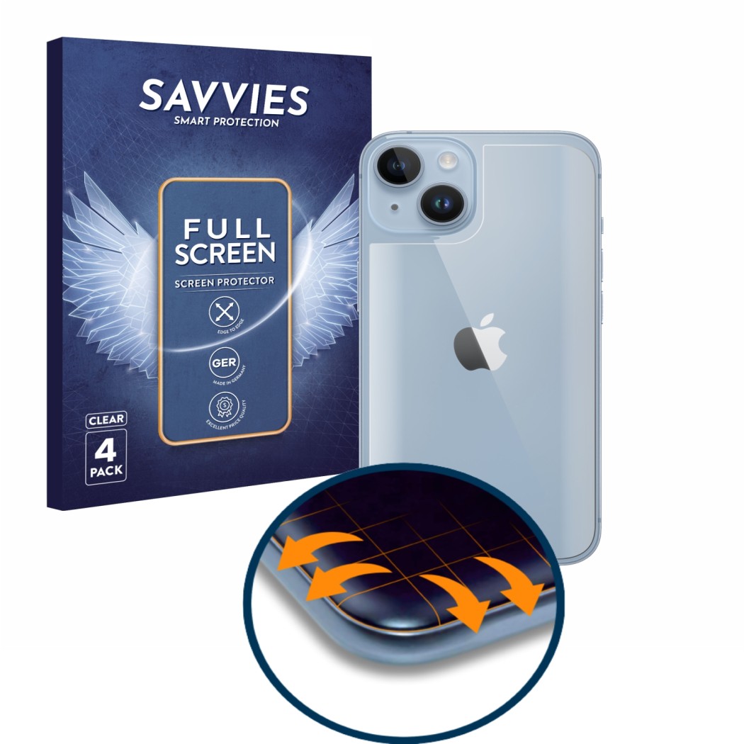 Parte frontal de un envase de producto con el logotipo de la marca Savvies. Al lado se muestra el dispositivo Apple iPhone 14 