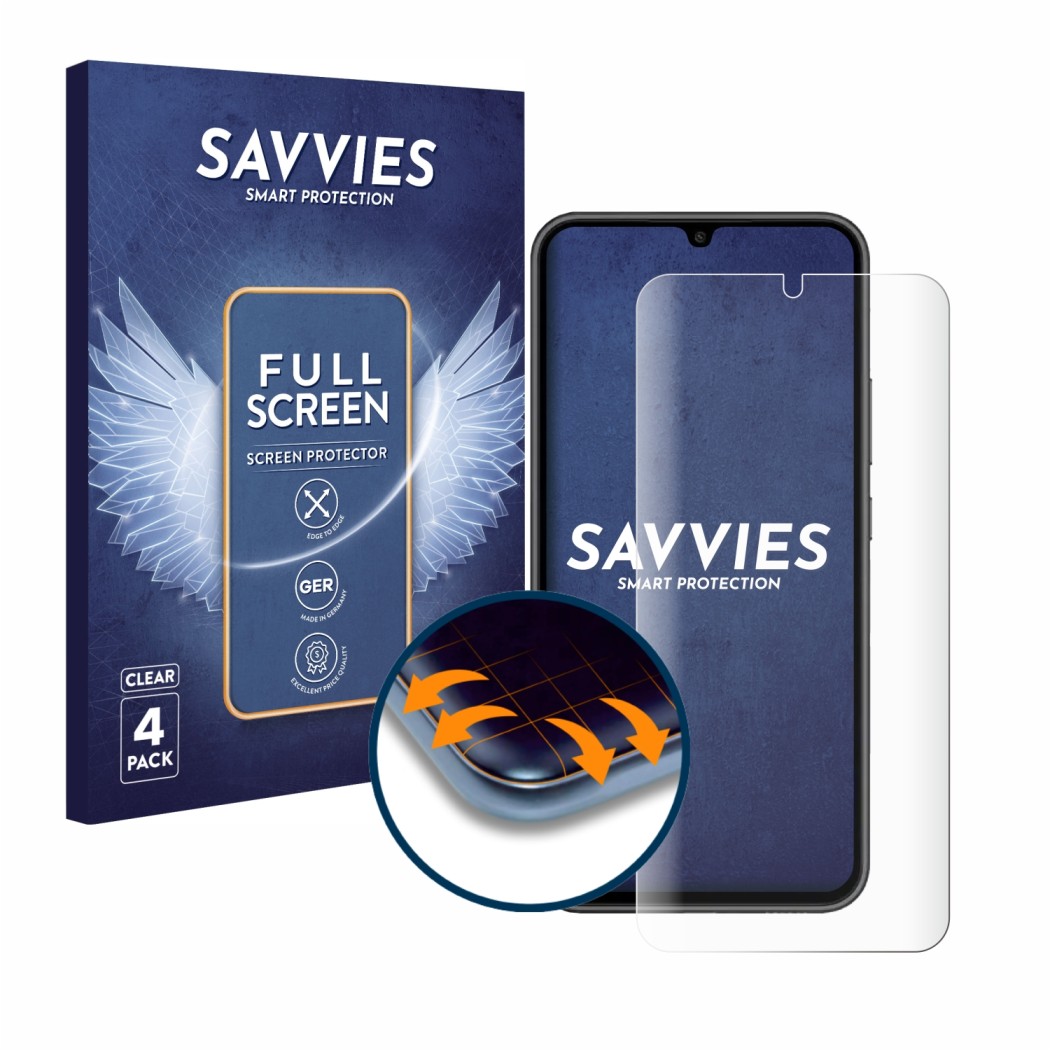 Front side of a product packaging with the brand logo Savvies. Next to it is the device Samsung Galaxy A34 5G shown with the c
