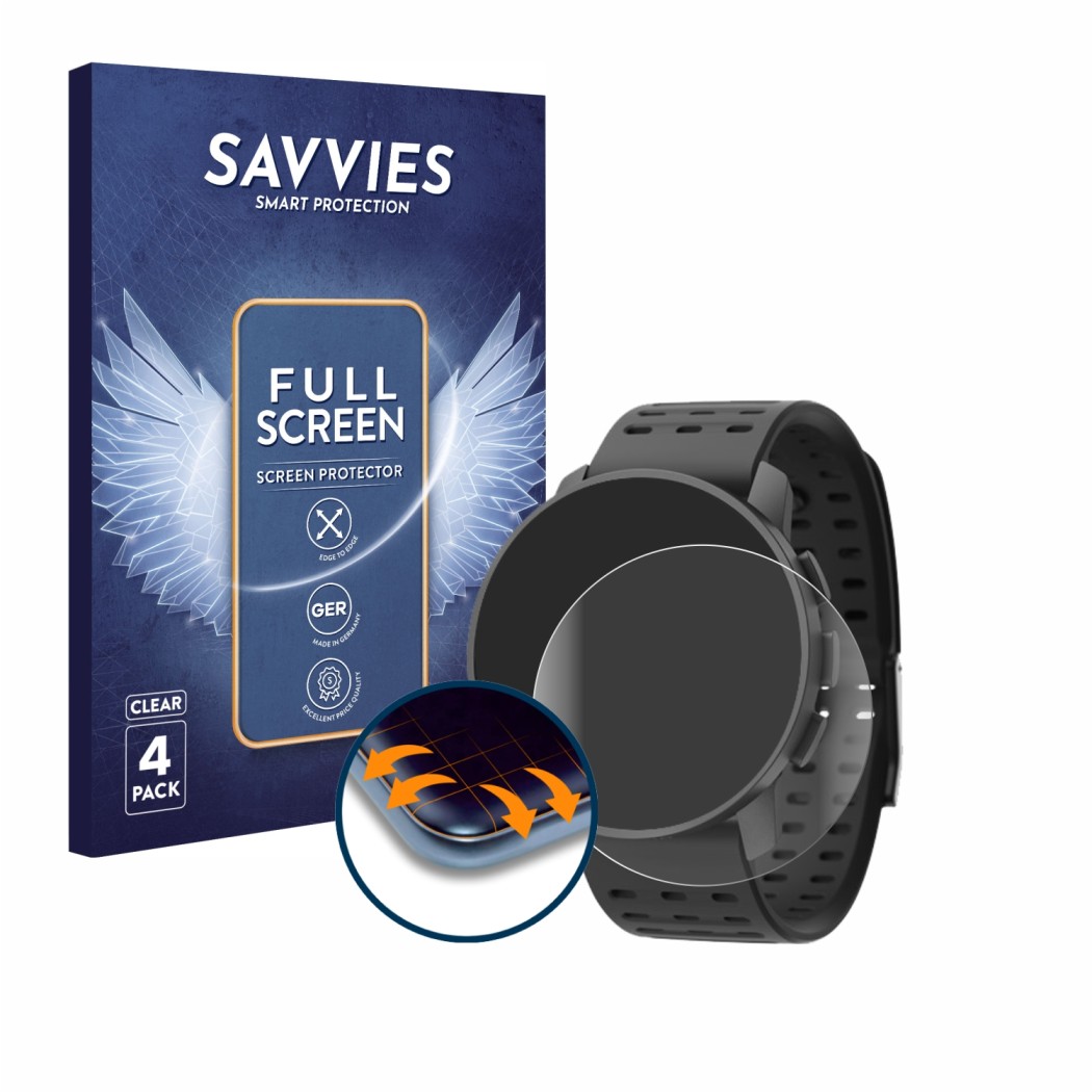 Vorderseite einer Produktverpackung mit dem Markenlogo Savvies. Daneben ist das Gerät Suunto 9 Peak Pro mit dem zugehörigen Di