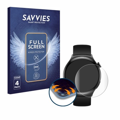 Vorderseite einer Produktverpackung mit dem Markenlogo Savvies. Daneben ist das Gerät Huawei Watch 4 mit dem zugehörigen Displ