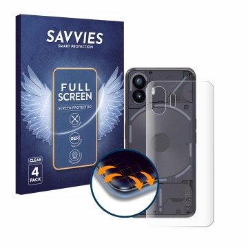 Front side of a product packaging with the brand logo Savvies. Next to it is the device Nothing Phone (2) (Back) shown with th