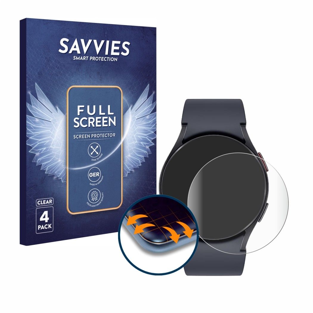Front side of a product packaging with the brand logo Savvies. Next to it is the device Samsung Galaxy Watch 6 (40 mm) shown w