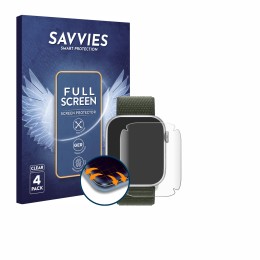 Parte frontal de un envase de producto con el logotipo de la marca Savvies. Al lado se muestra el dispositivo Apple Watch Seri