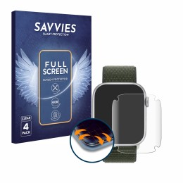 Parte frontal de un envase de producto con el logotipo de la marca Savvies. Al lado se muestra el dispositivo Apple Watch Seri