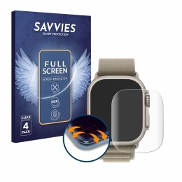 Parte frontal de un envase de producto con el logotipo de la marca Savvies. Al lado se muestra el dispositivo Apple Watch Ultr
