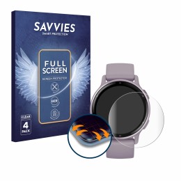Face avant d’un emballage produit avec le logo de la marque Savvies. À côté, l’appareil Garmin vivoactive 5 est représenté ave