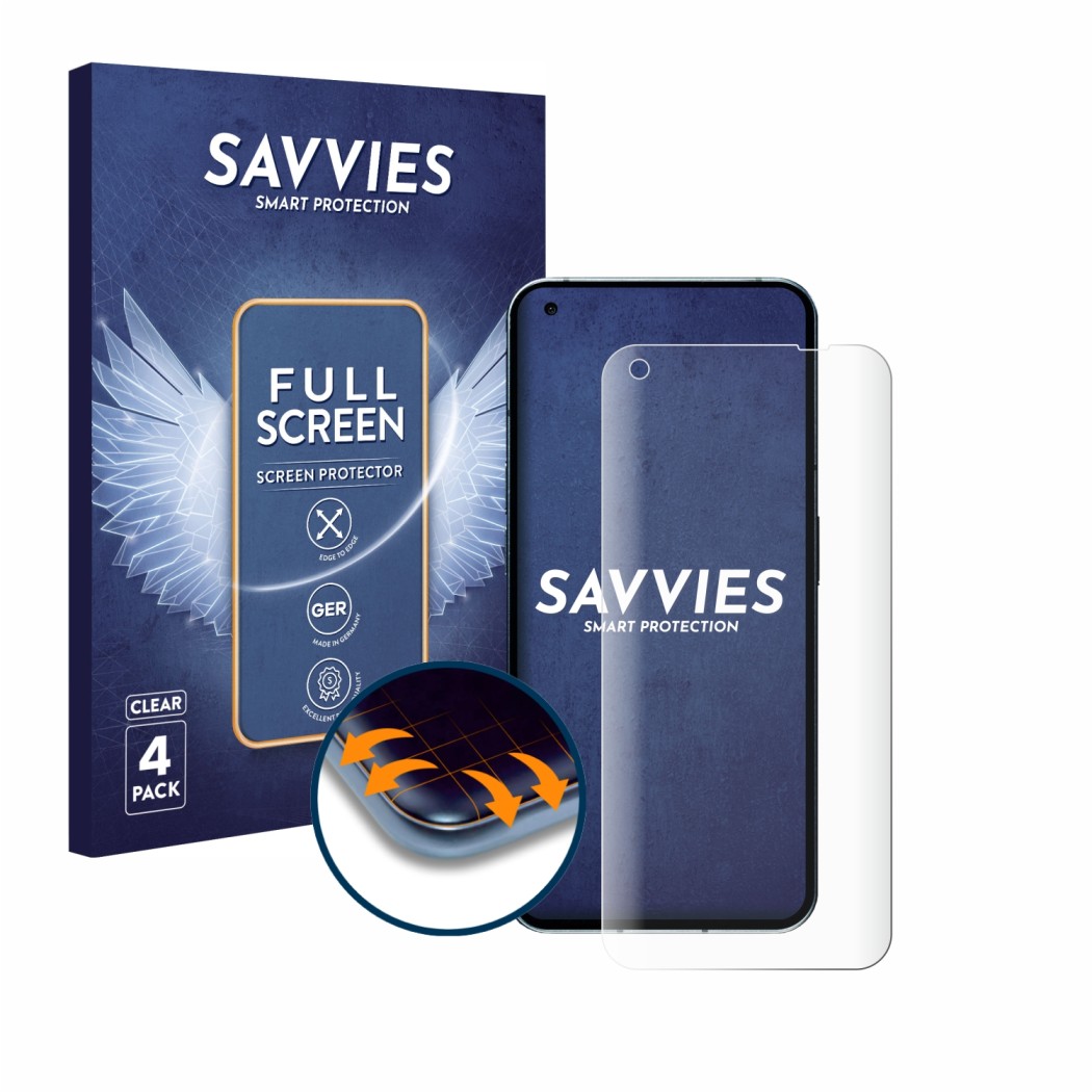 Front side of a product packaging with the brand logo Savvies. Next to it is the device Nothing Phone (1) (case-friendly) show