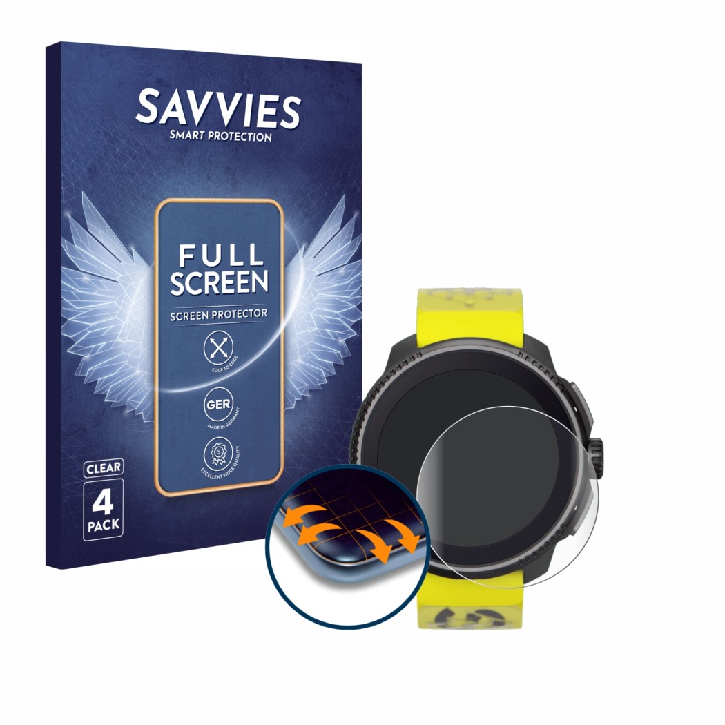 Vorderseite einer Produktverpackung mit dem Markenlogo Savvies. Daneben ist das Gerät Suunto Race mit dem zugehörigen Displays