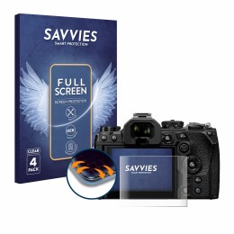 Face avant d’un emballage produit avec le logo de la marque Savvies. À côté, l’appareil Olympus OM System OM-1 Mark II est rep