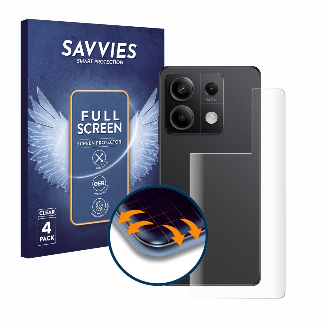 Face avant d’un emballage produit avec le logo de la marque Savvies. À côté, l’appareil Xiaomi Redmi Note 13 Pro 5G (Arrière) 