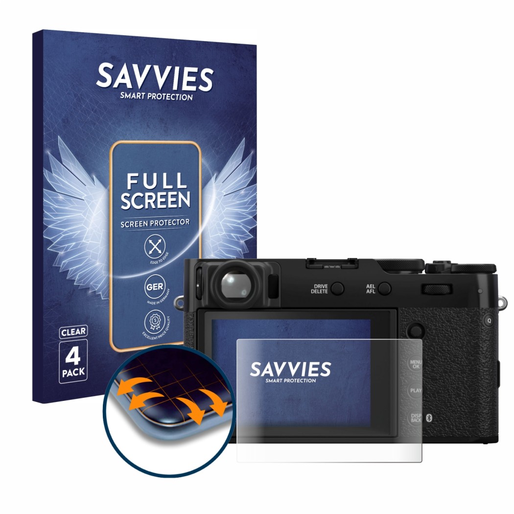 Vorderseite einer Produktverpackung mit dem Markenlogo Savvies. Daneben ist das Gerät Fujifilm X100VI mit dem zugehörigen Disp