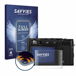Vorderseite einer Produktverpackung mit dem Markenlogo Savvies. Daneben ist das Gerät Fujifilm X100VI mit dem zugehörigen Disp