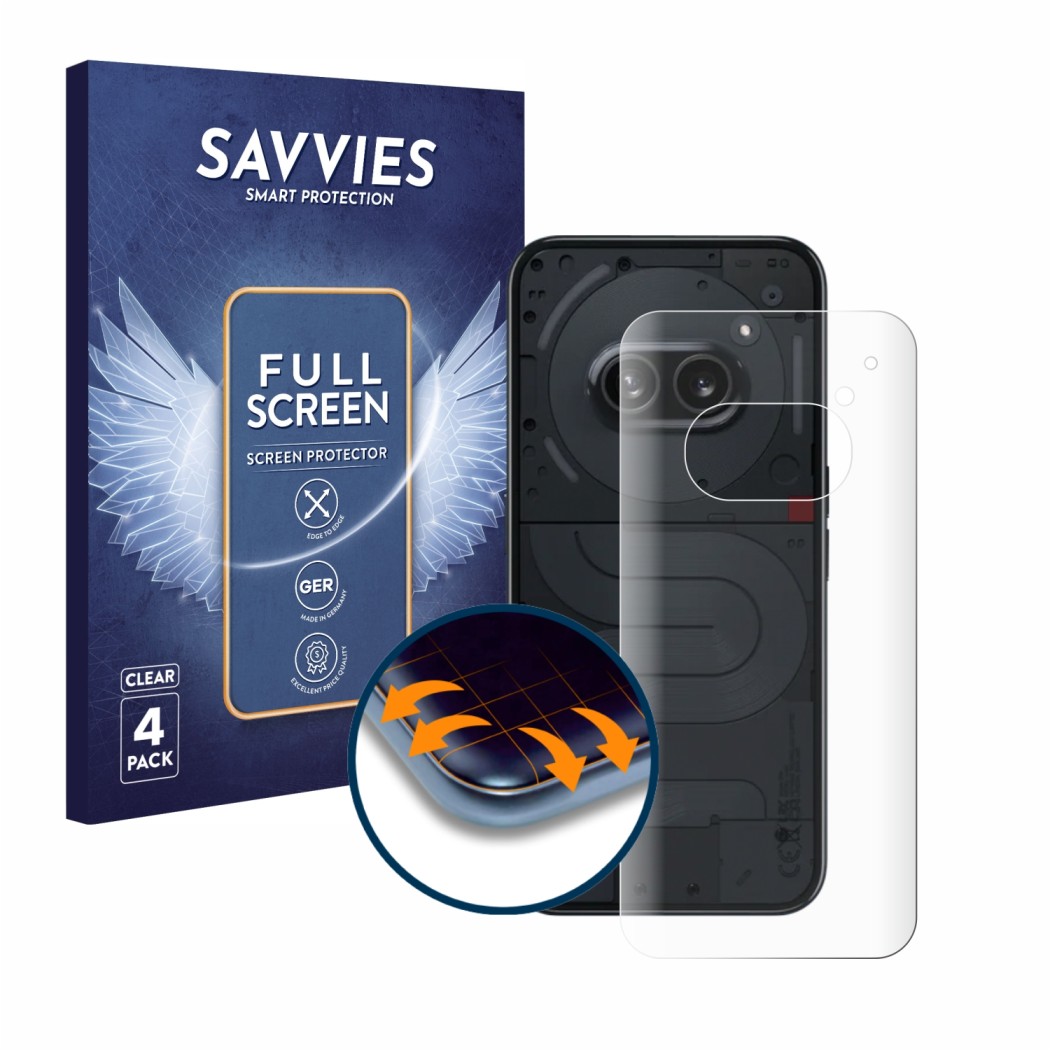 Face avant d’un emballage produit avec le logo de la marque Savvies. À côté, l’appareil Nothing Phone (2a) (Arrière) est repré