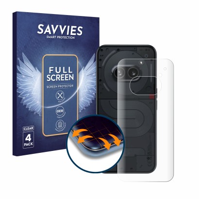 Face avant d’un emballage produit avec le logo de la marque Savvies. À côté, l’appareil Nothing Phone (2a) (Arrière) est repré