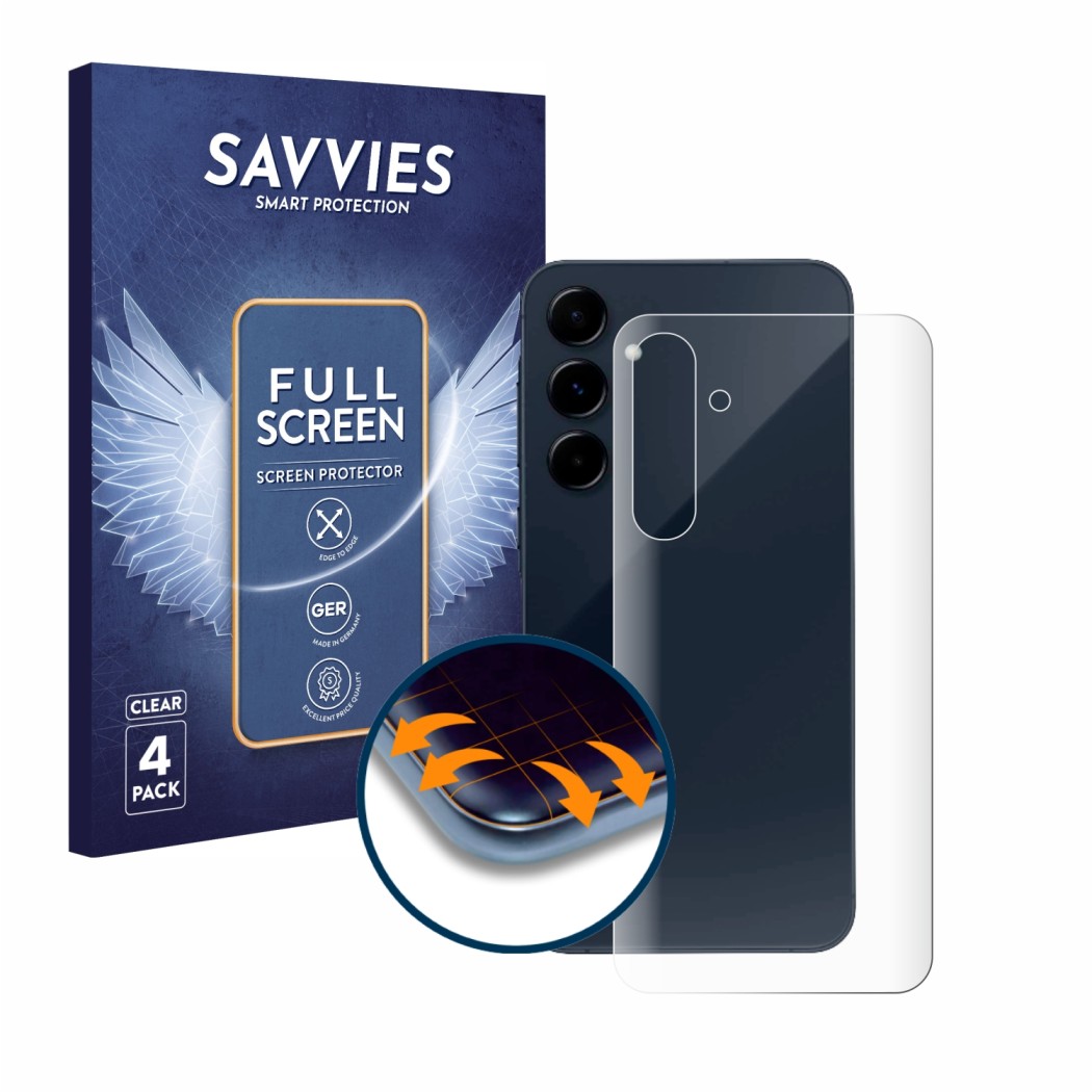 Face avant d’un emballage produit avec le logo de la marque Savvies. À côté, l’appareil Samsung Galaxy A35 5G (Arrière) est re