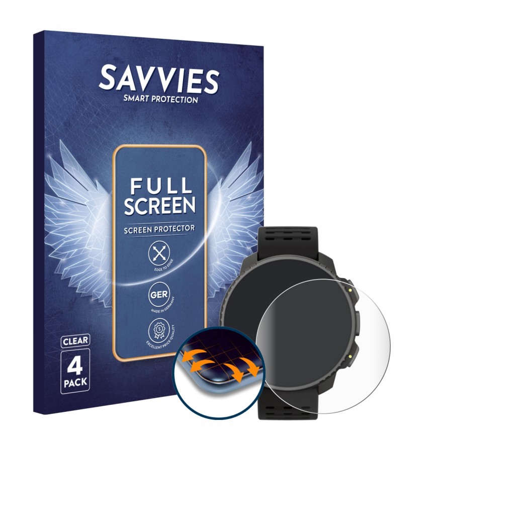 Face avant d’un emballage produit avec le logo de la marque Savvies. À côté, l’appareil Suunto Vertical Solar est représenté a