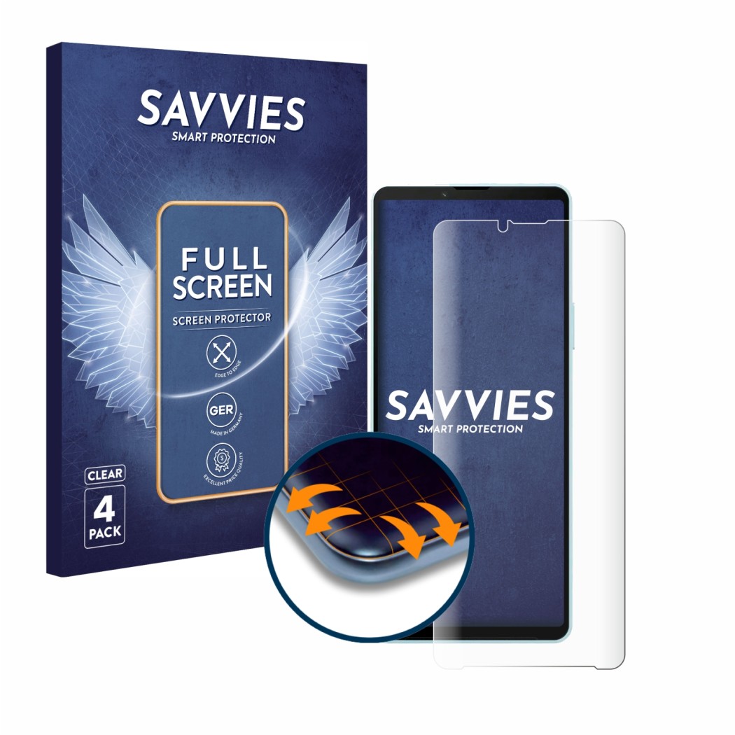 Front side of a product packaging with the brand logo Savvies. Next to it is the device Sony Xperia 10 VI shown with the corre