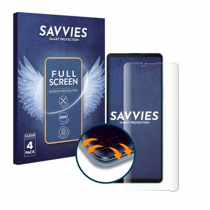 Front side of a product packaging with the brand logo Savvies. Next to it is the device Sony Xperia 10 VI shown with the corre