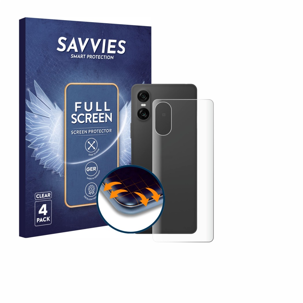 Front side of a product packaging with the brand logo Savvies. Next to it is the device Sony Xperia 10 VI (Back) shown with th