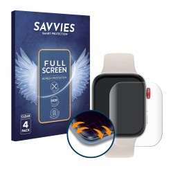 Parte frontal de un envase de producto con el logotipo de la marca Savvies. Al lado se muestra el dispositivo Huawei Watch Fit