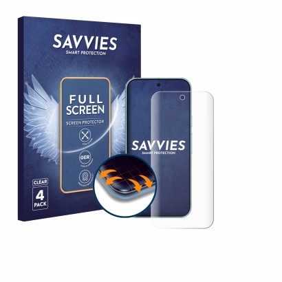 Front side of a product packaging with the brand logo Savvies. Next to it is the device Google Pixel 9 shown with the correspo