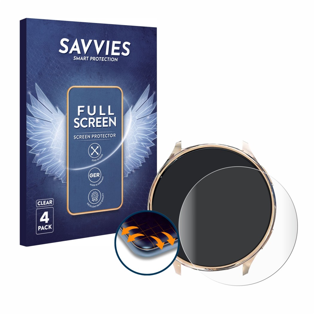 Vorderseite einer Produktverpackung mit dem Markenlogo Savvies. Daneben ist das Gerät Sanorum Smartwatch 1.39