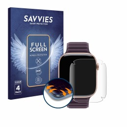 Face avant d’un emballage produit avec le logo de la marque Savvies. À côté, l’appareil Apple Watch Series 10 (42 mm) est repr