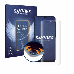 Front side of a product packaging with the brand logo Savvies. Next to it is the device Samsung Galaxy A16 5G shown with the c