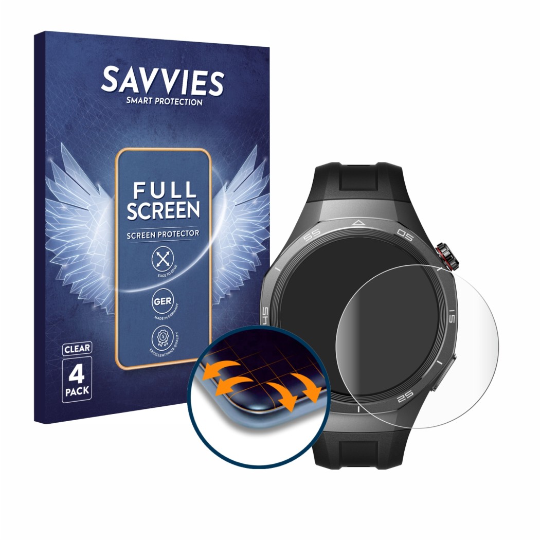 Parte frontal de un envase de producto con el logotipo de la marca Savvies. Al lado se muestra el dispositivo Huawei Watch GT 