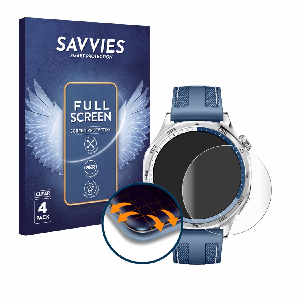 Face avant d’un emballage produit avec le logo de la marque Savvies. À côté, l’appareil Huawei Watch GT 5 (46 mm) est représen