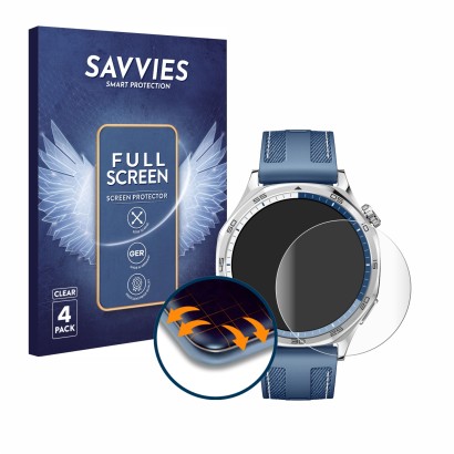 Face avant d’un emballage produit avec le logo de la marque Savvies. À côté, l’appareil Huawei Watch GT 5 (46 mm) est représen