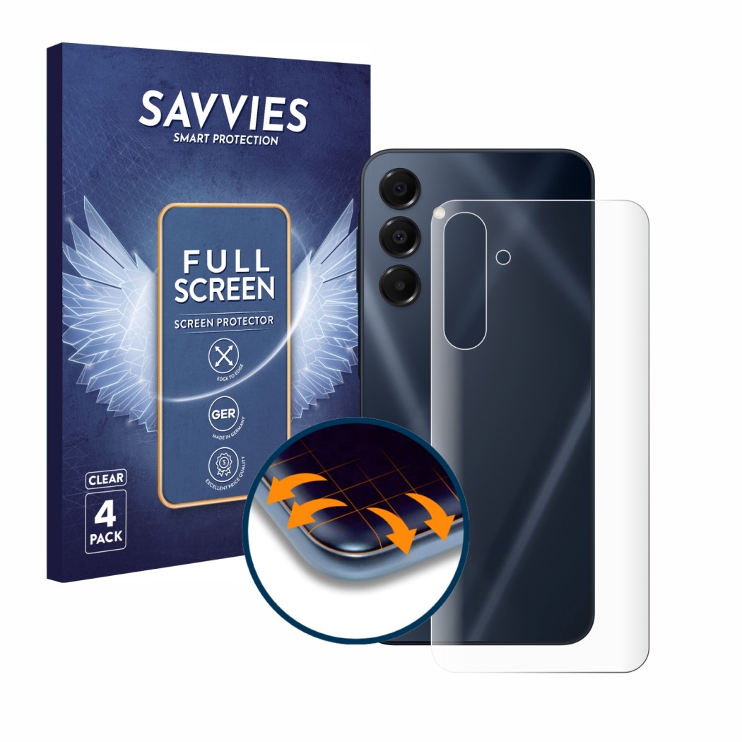 Front side of a product packaging with the brand logo Savvies. Next to it is the device Samsung Galaxy A16 5G (Back) shown wit