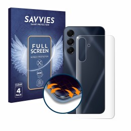 Front side of a product packaging with the brand logo Savvies. Next to it is the device Samsung Galaxy A16 5G (Back) shown wit