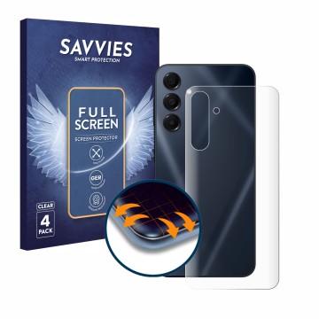 Front side of a product packaging with the brand logo Savvies. Next to it is the device Samsung Galaxy A16 5G (Back) shown wit
