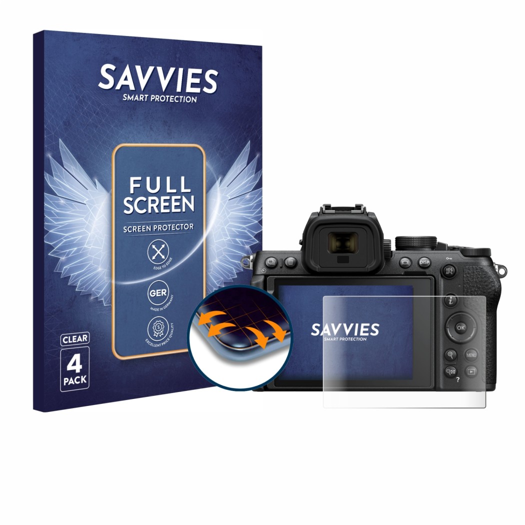 Front side of a product packaging with the brand logo Savvies. Next to it is the device Nikon Z50 II shown with the correspond