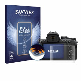 Front side of a product packaging with the brand logo Savvies. Next to it is the device Nikon Z50 II shown with the correspond
