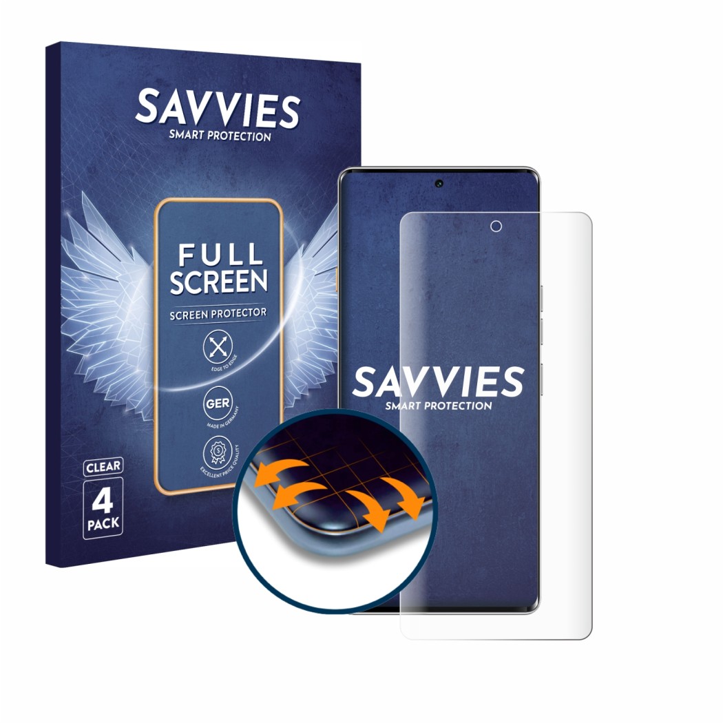 Parte frontal de un envase de producto con el logotipo de la marca Savvies. Al lado se muestra el dispositivo Tecno Camon 40 P